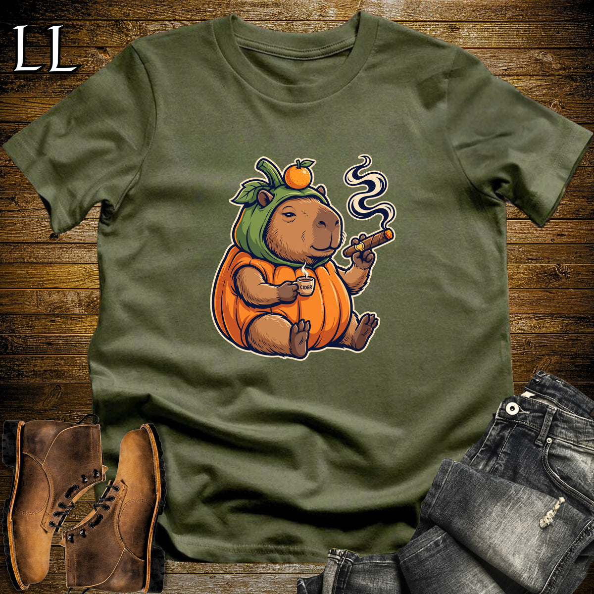 Pumpkin Capybara Cider Cigar T-Shirt Military Green | Cigar Pairing Shirt