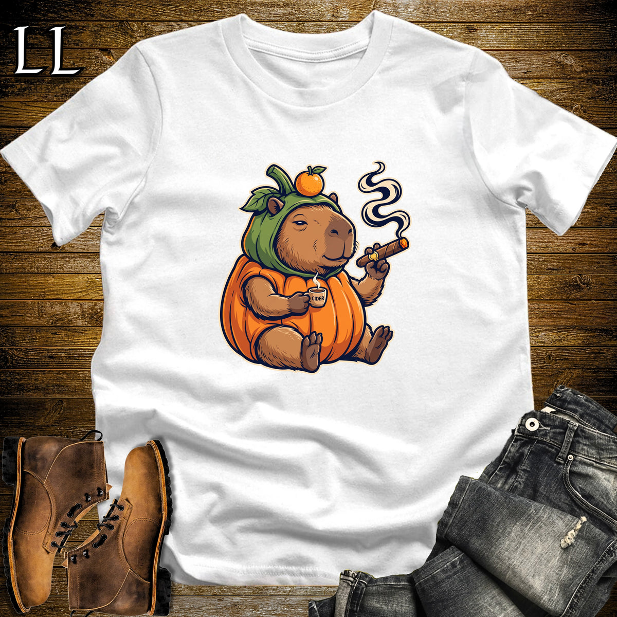 Pumpkin Capybara Cider Cigar T-Shirt White | Cigar Pairing Shirt