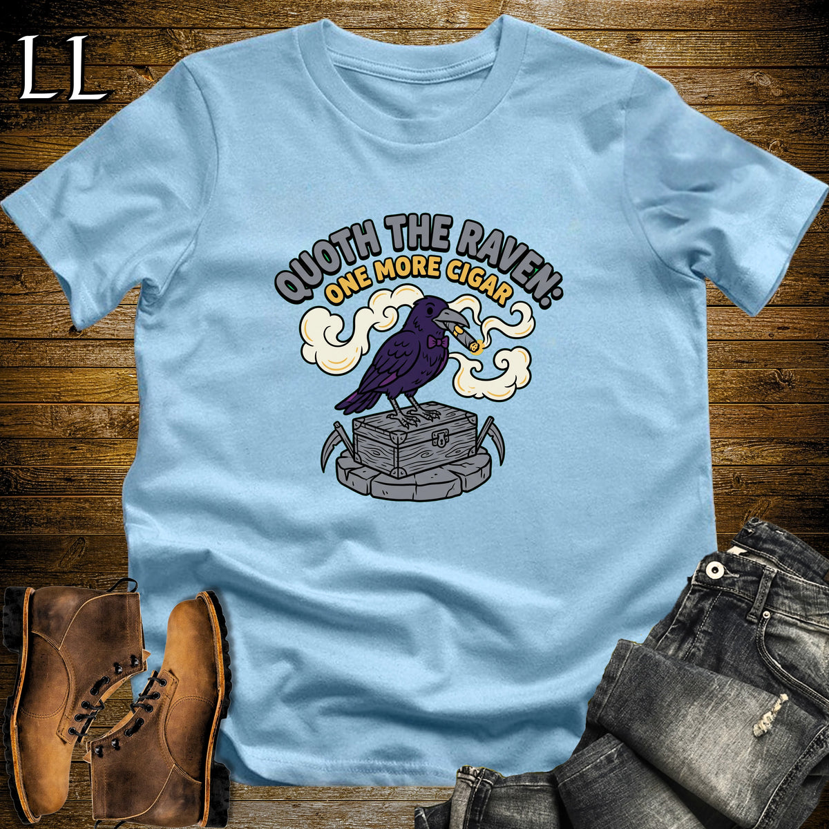 Quoth the Raven Cigar Box Raven T-Shirt Light Blue | Halloween Cigar Tee