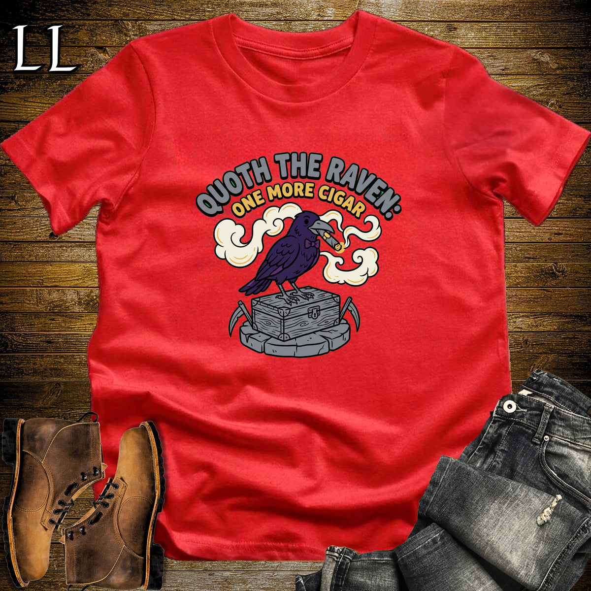 Quoth the Raven Cigar Box Raven T-Shirt Red | Halloween Cigar Tee