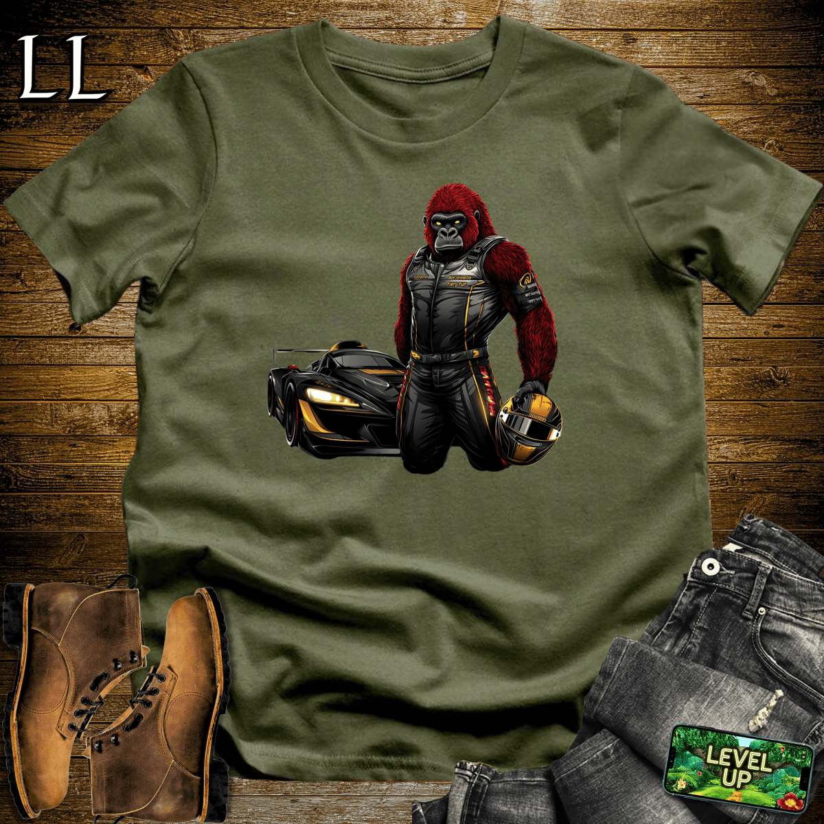 Race Car Driver Gorilla Softstyle Tee - Military Green - LegacyLayers