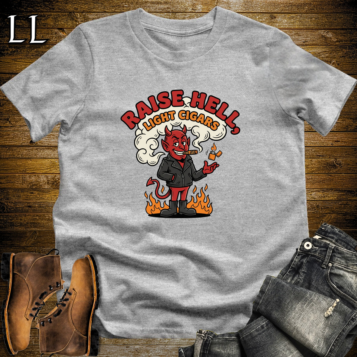Raise Hell Devil Leather Jacket Cigar T-Shirt Sport Grey | Halloween Cigar Shirt