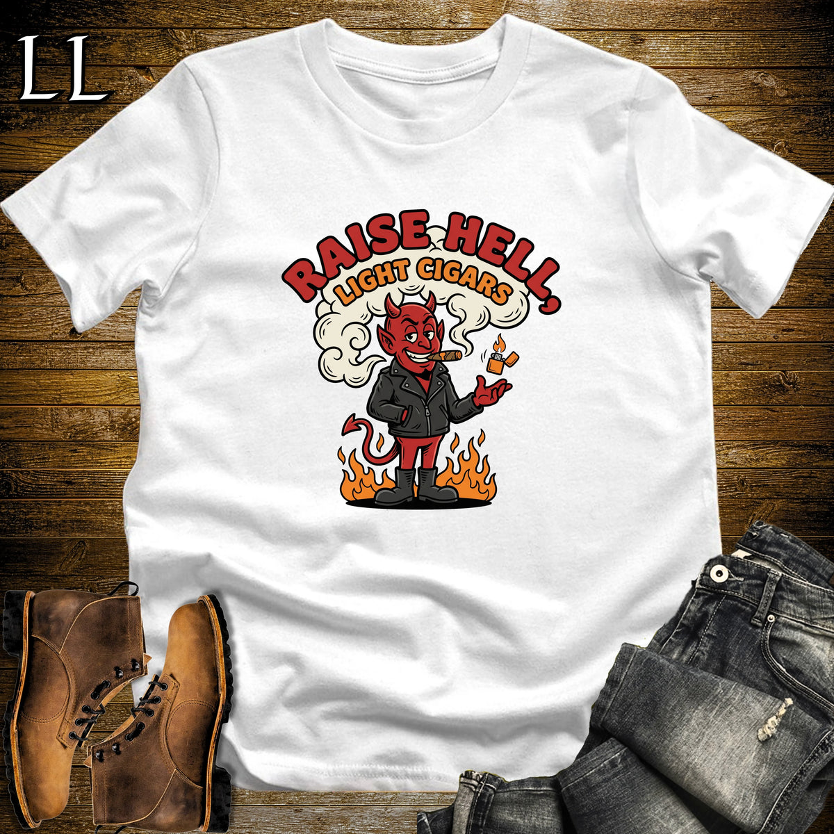 Raise Hell Devil Leather Jacket Cigar T-Shirt White | Halloween Cigar Shirt