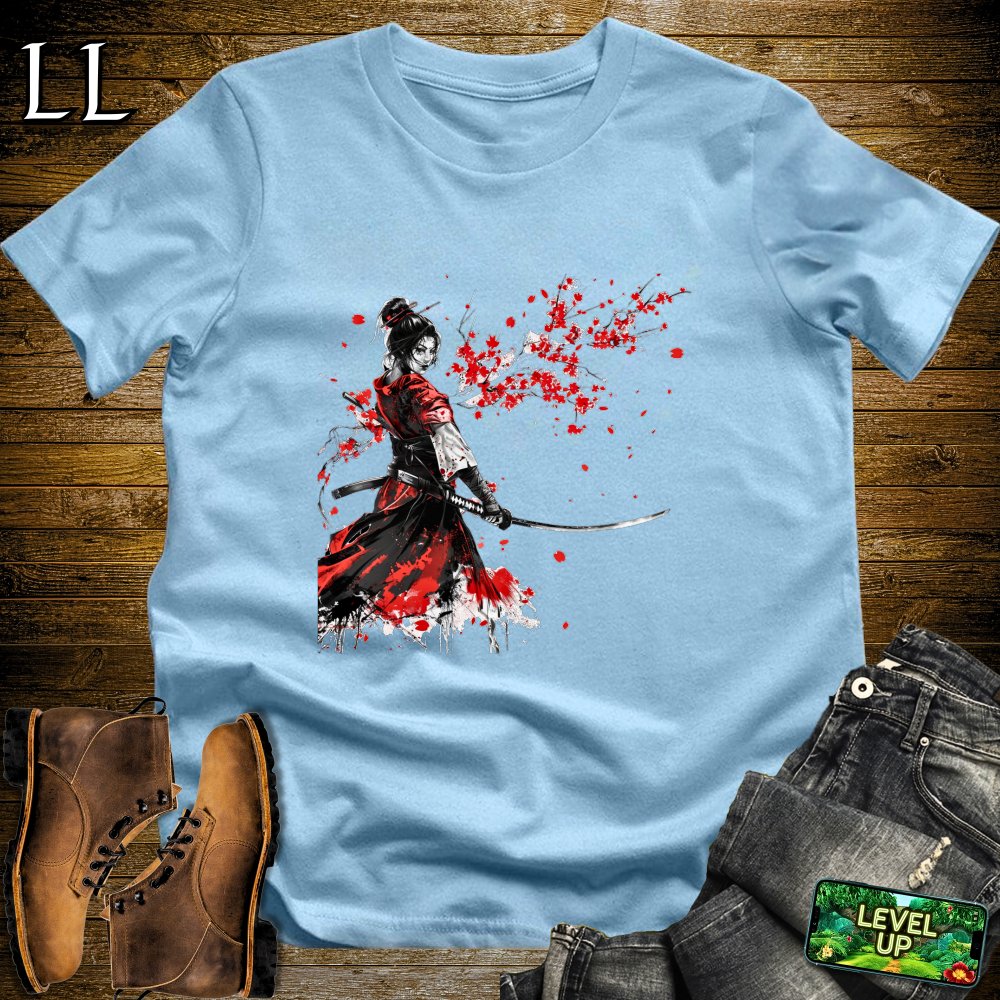 Red Blossom Samurai Light Blue | Cherry Blossom Tee
