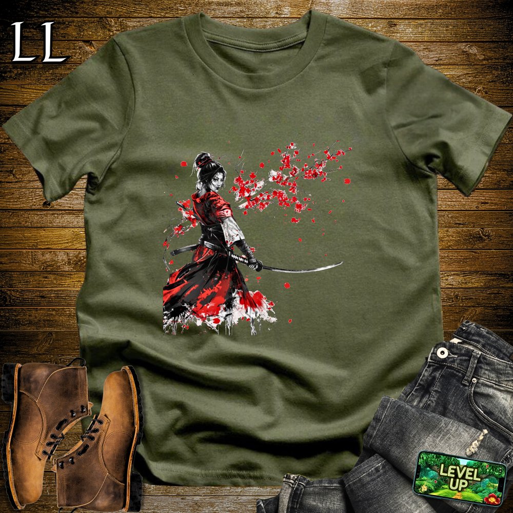 Red Blossom Samurai Military Green | Cherry Blossom Tee