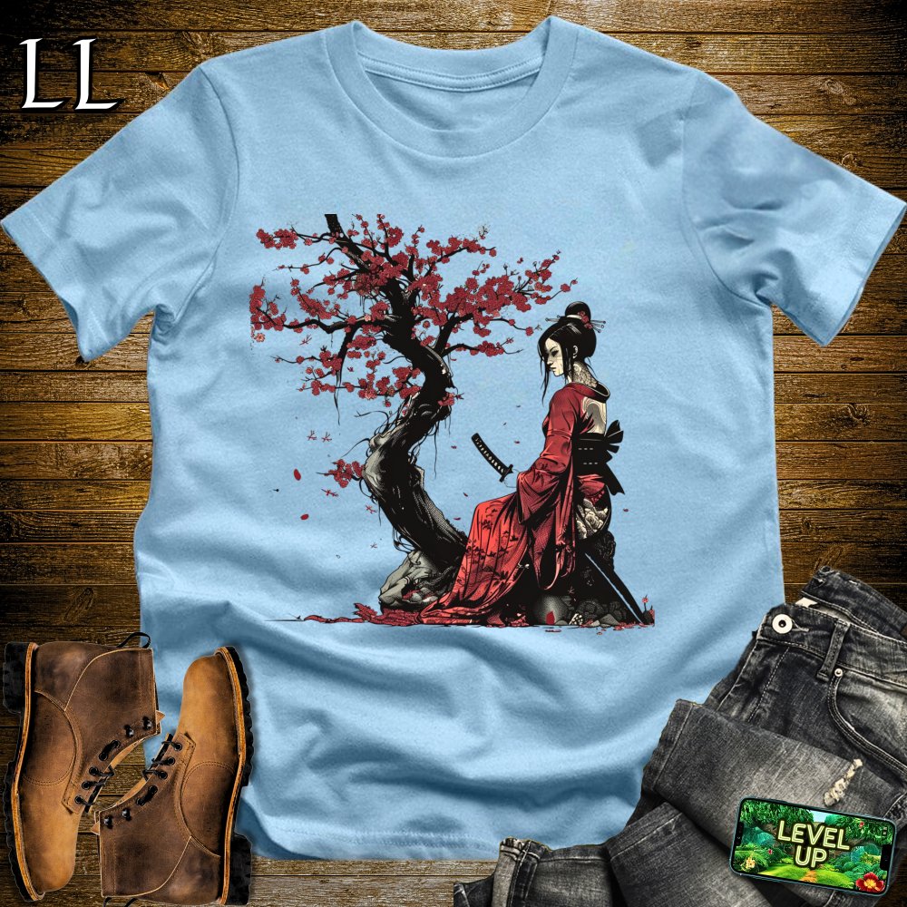 Red Cherry Blossom Geisha Light Blue | Japanese Culture Tee