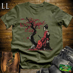 Red Cherry Blossom Geisha Military Green | Japanese Culture Tee
