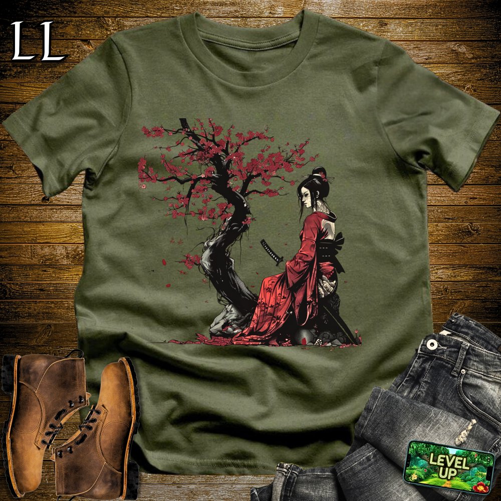 Red Cherry Blossom Geisha Military Green | Japanese Culture Tee