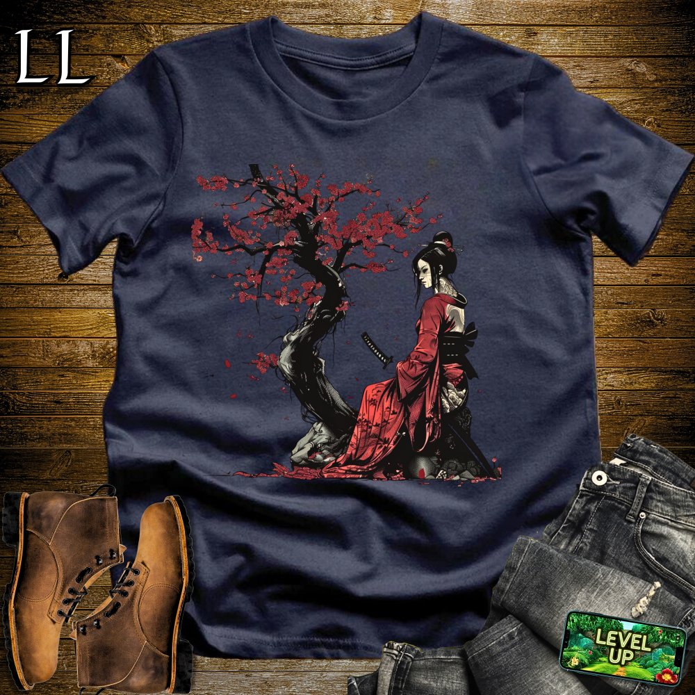 Red Cherry Blossom Geisha Navy | Japanese Culture Tee
