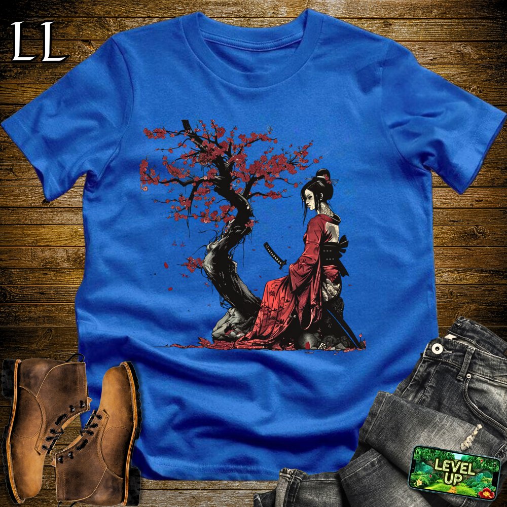 Red Cherry Blossom Geisha Royal Blue | Japanese Culture Tee