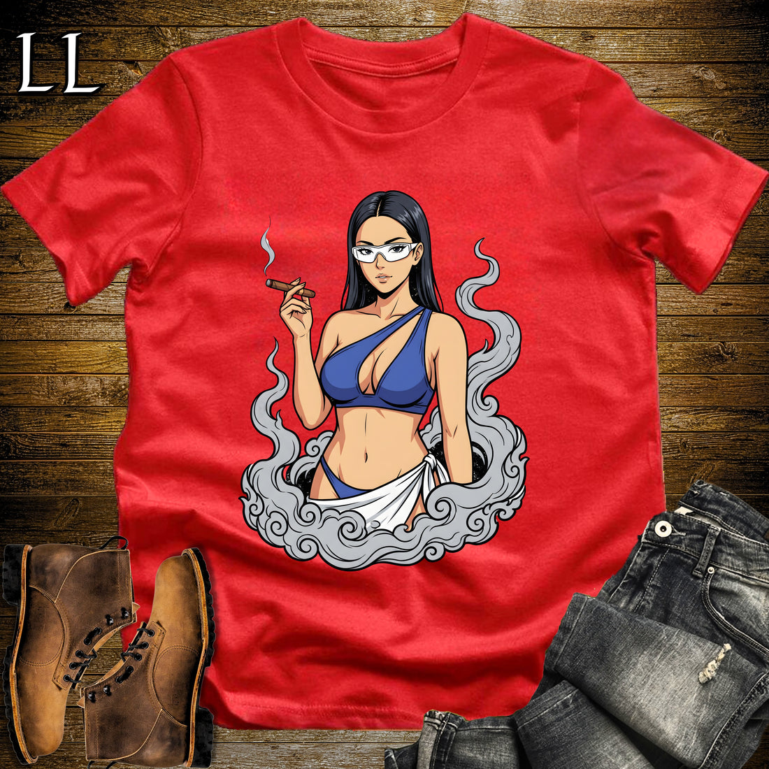 Azura's Smoke Break Cigar Girl T-Shirt Red | Cigar Pin-Up Girl Tee