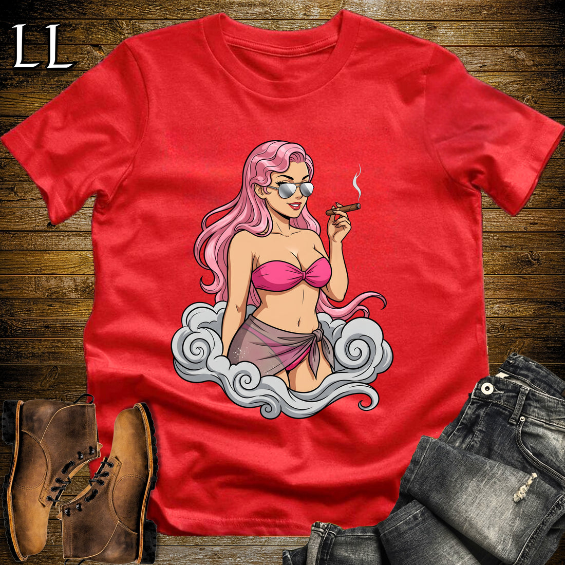 Rosa's Smoke Break Cigar Girl T-Shirt Red | Cigar Pin-Up Girl Tee