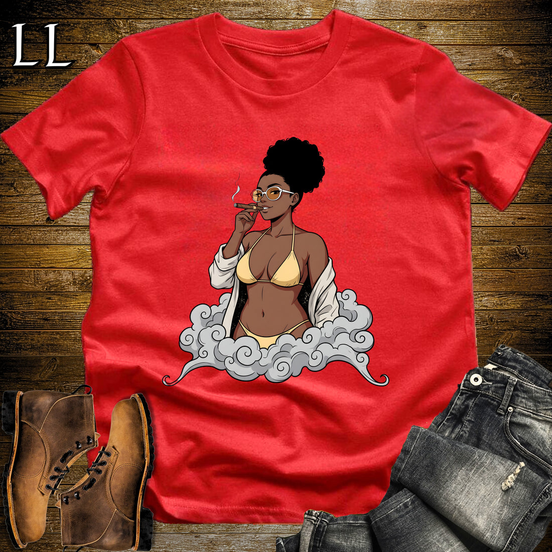 Solana's Smoke Break Cigar Girl T-Shirt Red | Cigar Pin-Up Girl Tee
