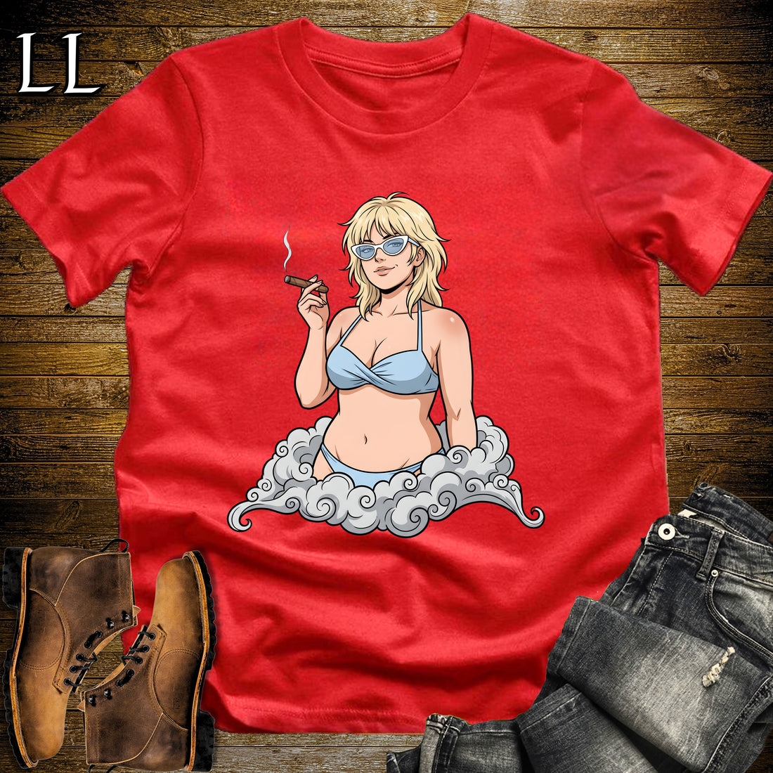 Celeste's Smoke Break Cigar Girl T-Shirt Red | Cigar Pin-Up Girl Tee