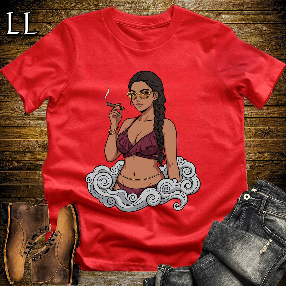 Reina's Smoke Break Cigar Girl T-Shirt Red | Cigar Pin-Up Girl Tee