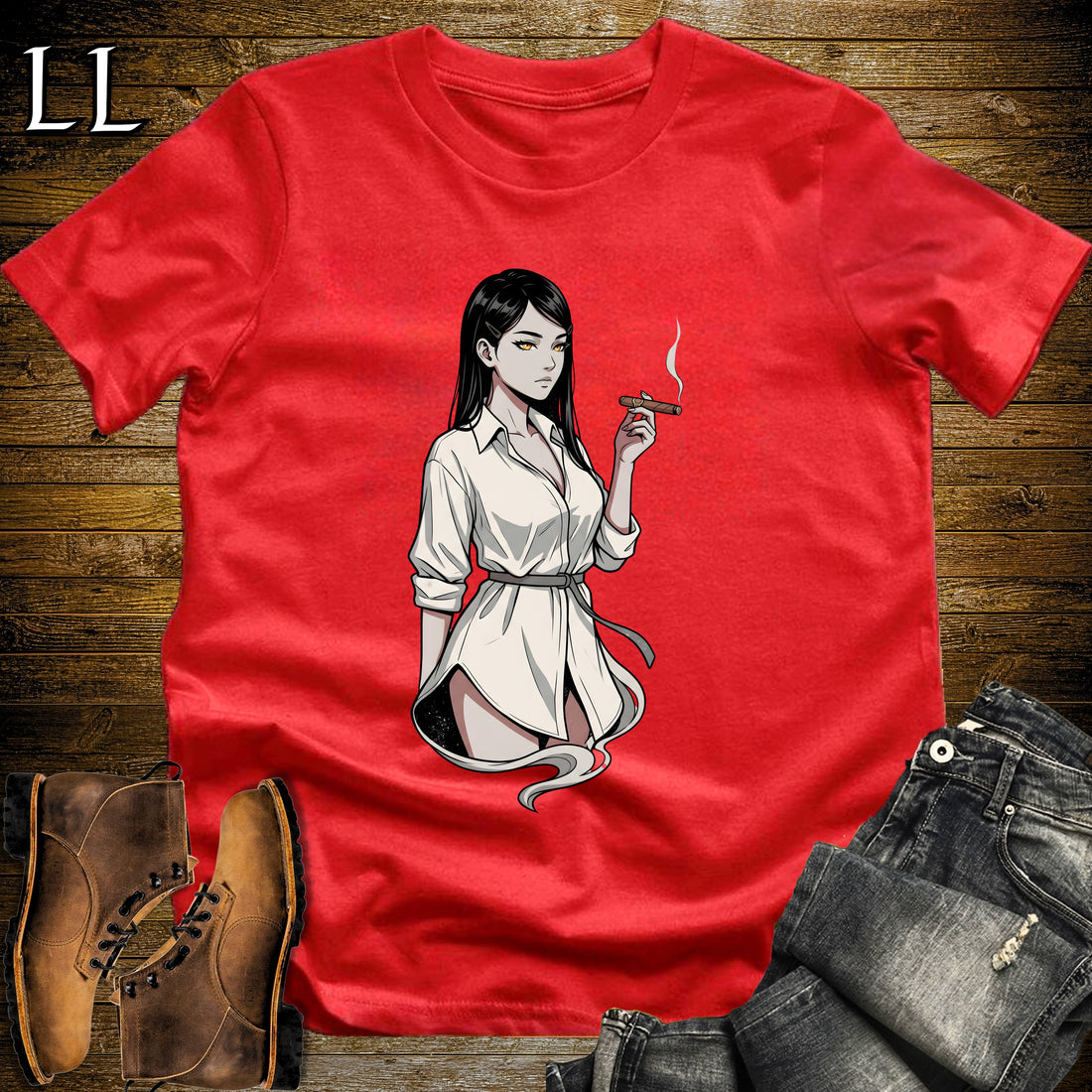 Clara's Smoke Break Cigar Girl T-Shirt Red | Cigar Pin-Up Girl Tee