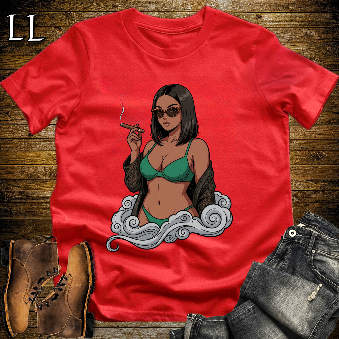 Esmeralda's Smoke Break Cigar Girl T-Shirt Red | Cigar Pin-Up Girl Tee