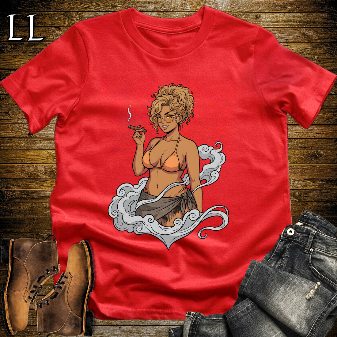 Aurelia's Smoke Break Cigar Girl T-Shirt Red | Cigar Pin-Up Girl Tee