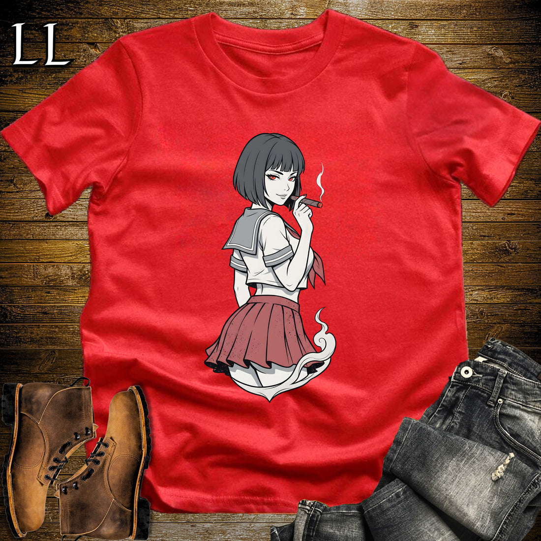 Sakura's Smoke Break Cigar Girl T-Shirt Red | Cigar Pin-Up Girl Tee