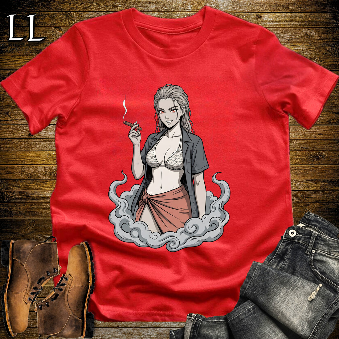 Ceniza's Smoke Break Cigar Girl T-Shirt Red | Cigar Pin-Up Girl Tee