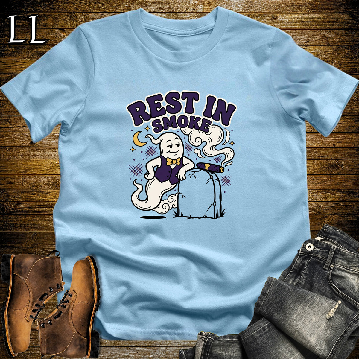 Rest in Smoke Ghost Tombstone Cigar T-Shirt Light Blue | Halloween Cigar Tee
