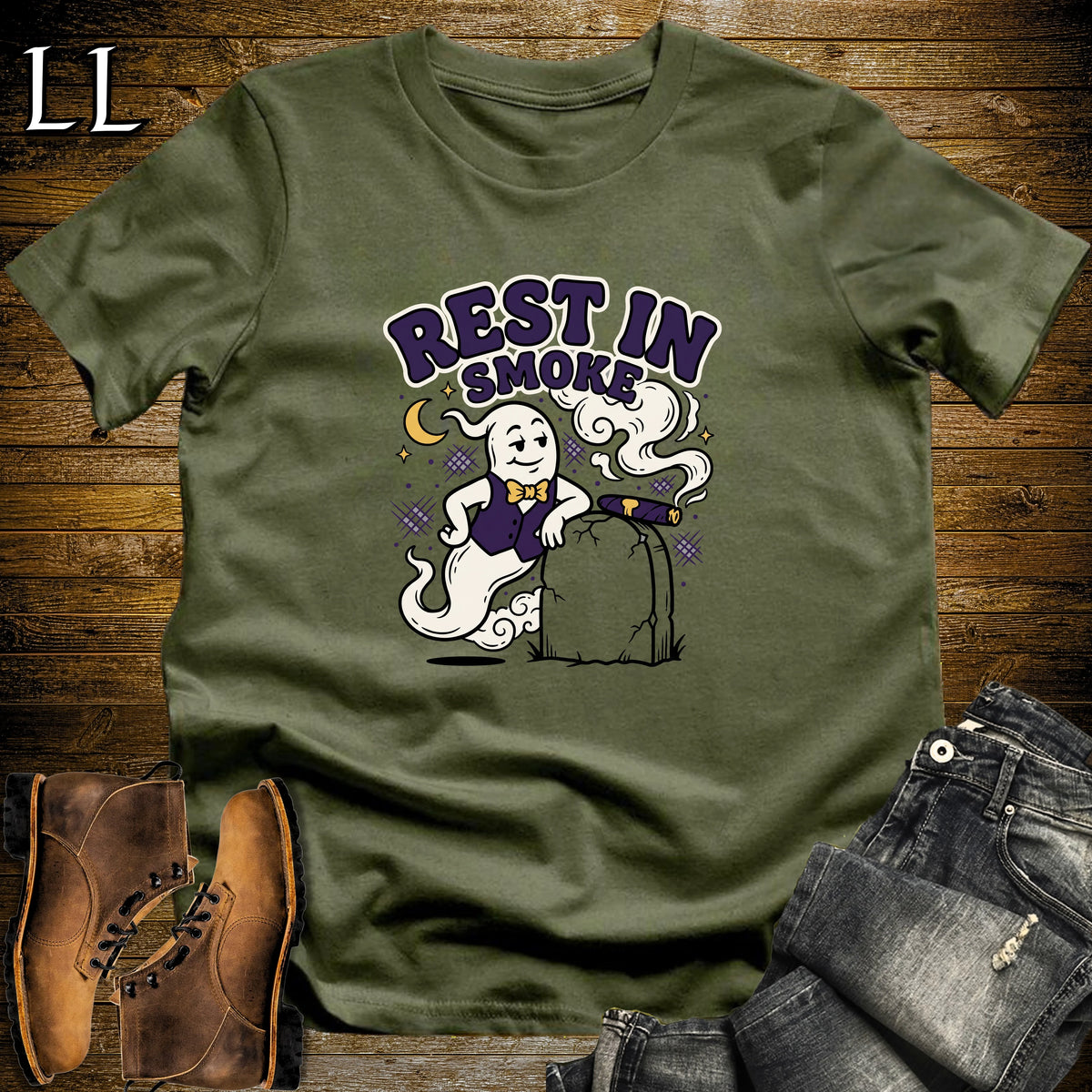 Rest in Smoke Ghost Tombstone Cigar T-Shirt Military Green | Halloween Cigar Tee
