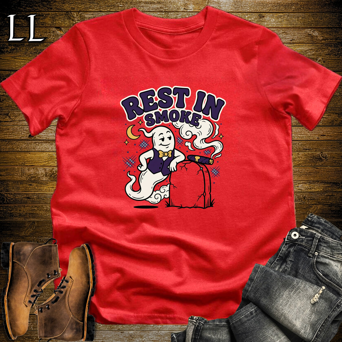 Rest in Smoke Ghost Tombstone Cigar T-Shirt Red | Halloween Cigar Tee