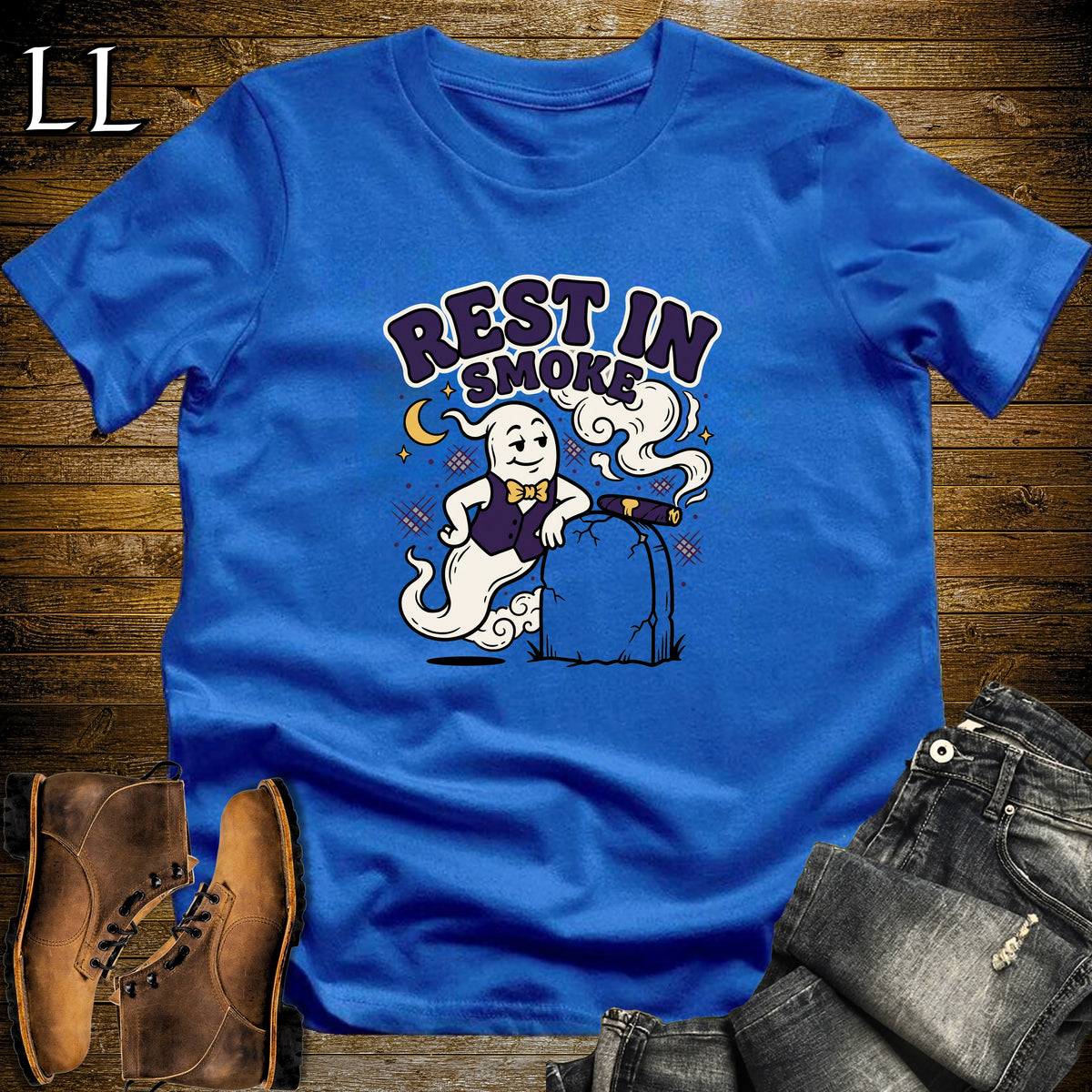 Rest in Smoke Ghost Tombstone Cigar T-Shirt Royal | Halloween Cigar Tee