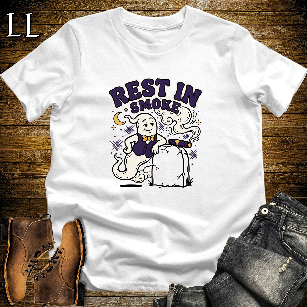 Rest in Smoke Ghost Tombstone Cigar T-Shirt White | Halloween Cigar Tee