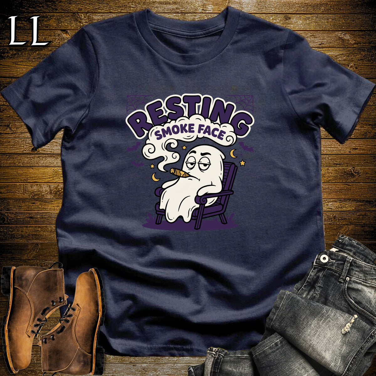Resting Smoke Face Deadpan Ghost Cigar T-Shirt Navy | Funny Halloween Cigar Tee