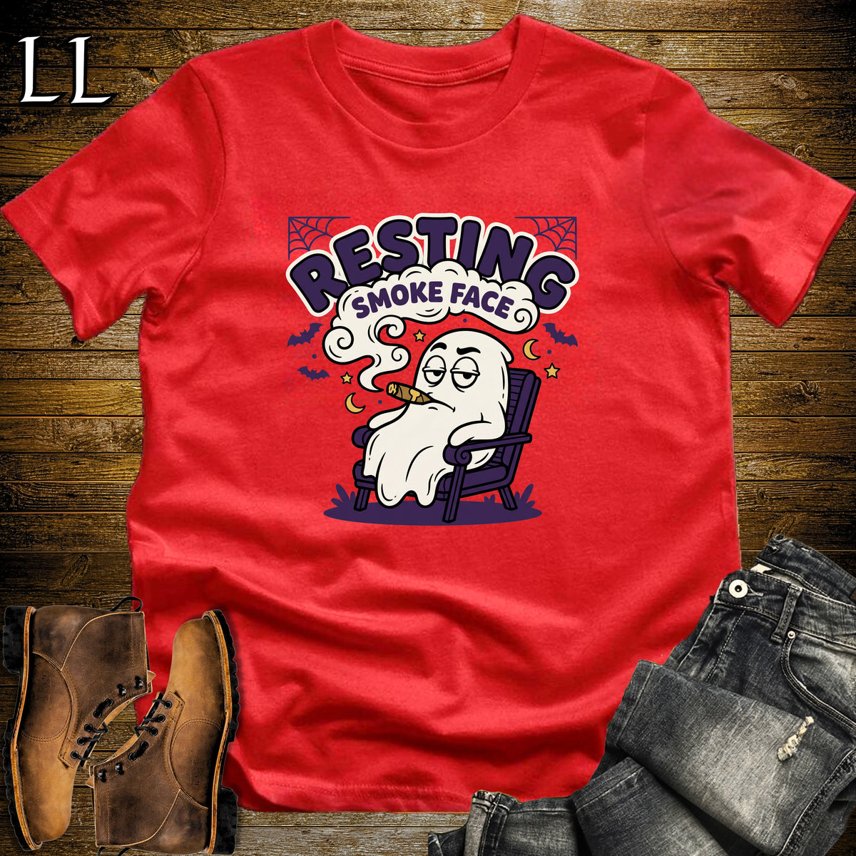 Resting Smoke Face Deadpan Ghost Cigar T-Shirt Red | Funny Halloween Cigar Tee