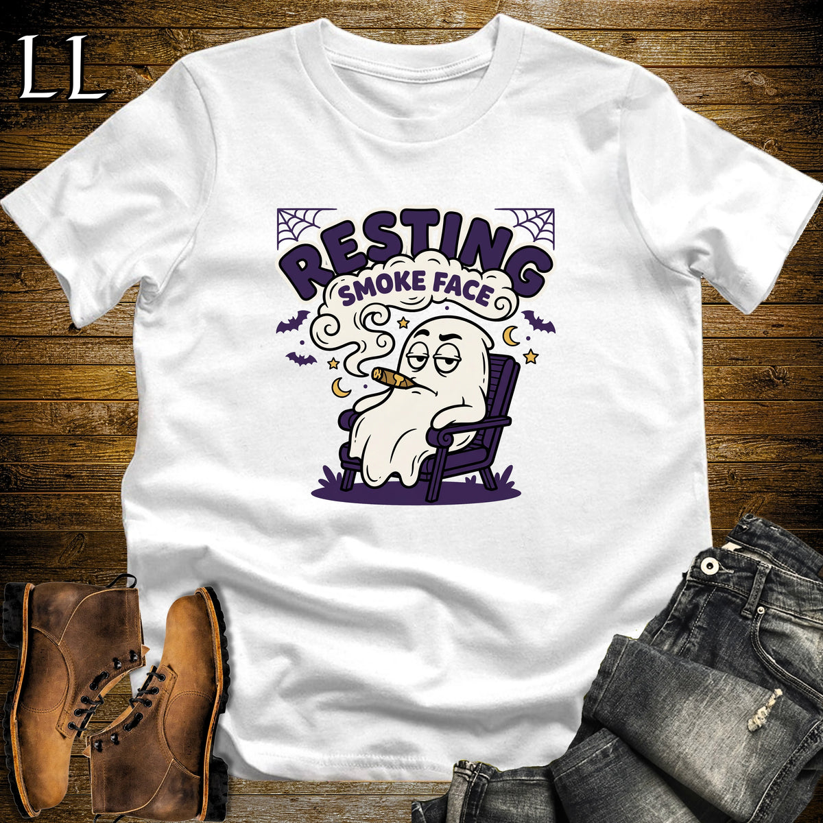 Resting Smoke Face Deadpan Ghost Cigar T-Shirt White | Funny Halloween Cigar Tee