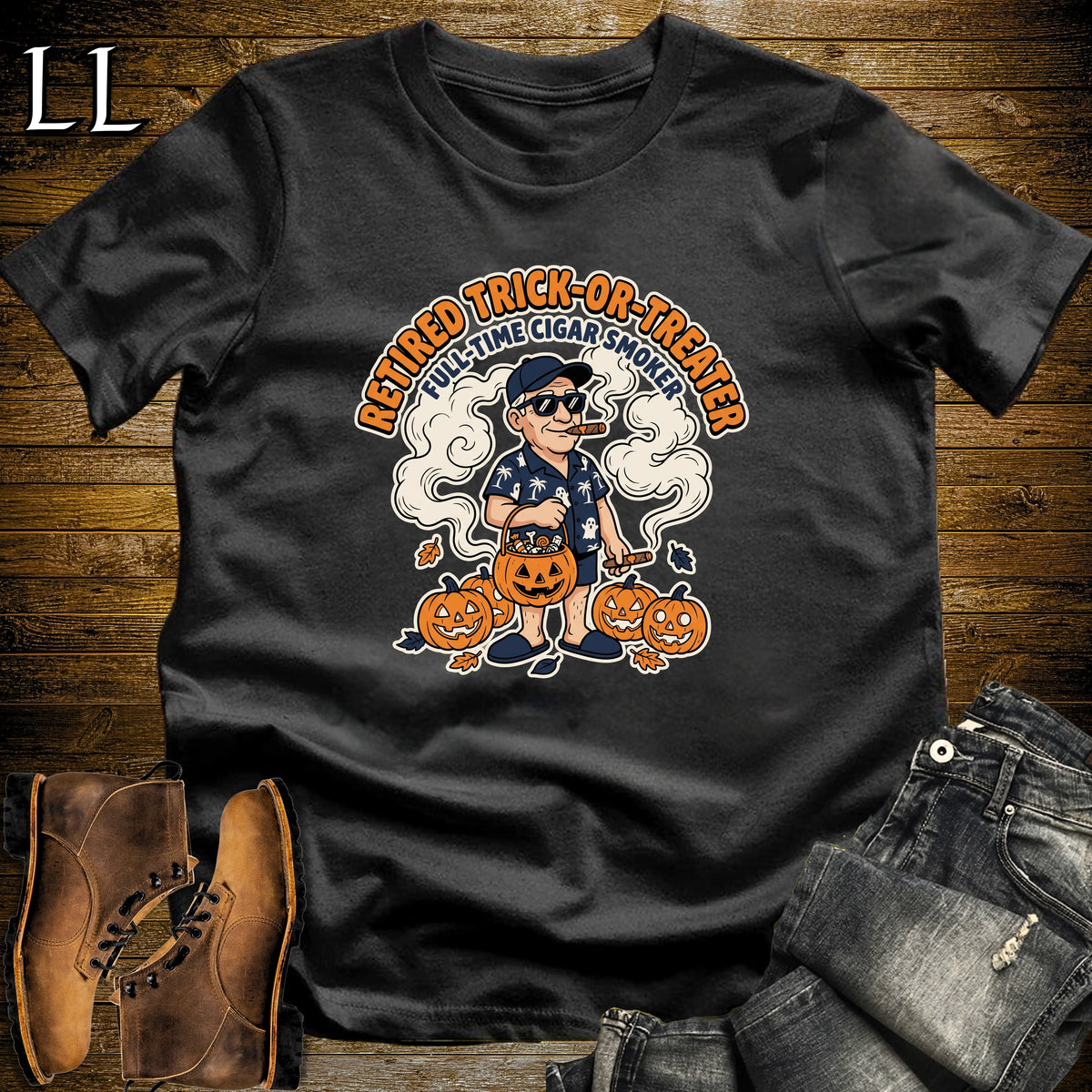 Retired Trick-or-Treater Hawaiian Shirt Cigar White Man T-Shirt Black | Halloween Cigar Tee