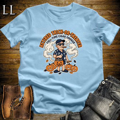 Retired Trick-or-Treater Hawaiian Shirt Cigar White Man T-Shirt Light Blue | Halloween Cigar Tee