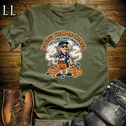 Retired Trick-or-Treater Hawaiian Shirt Cigar White Man T-Shirt Military Green | Halloween Cigar Tee