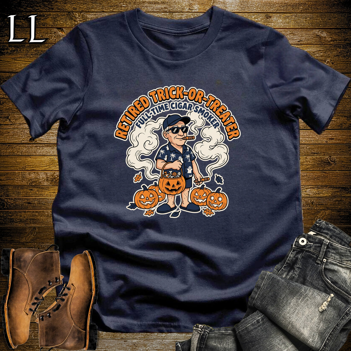 Retired Trick-or-Treater Hawaiian Shirt Cigar White Man T-Shirt Navy | Halloween Cigar Tee