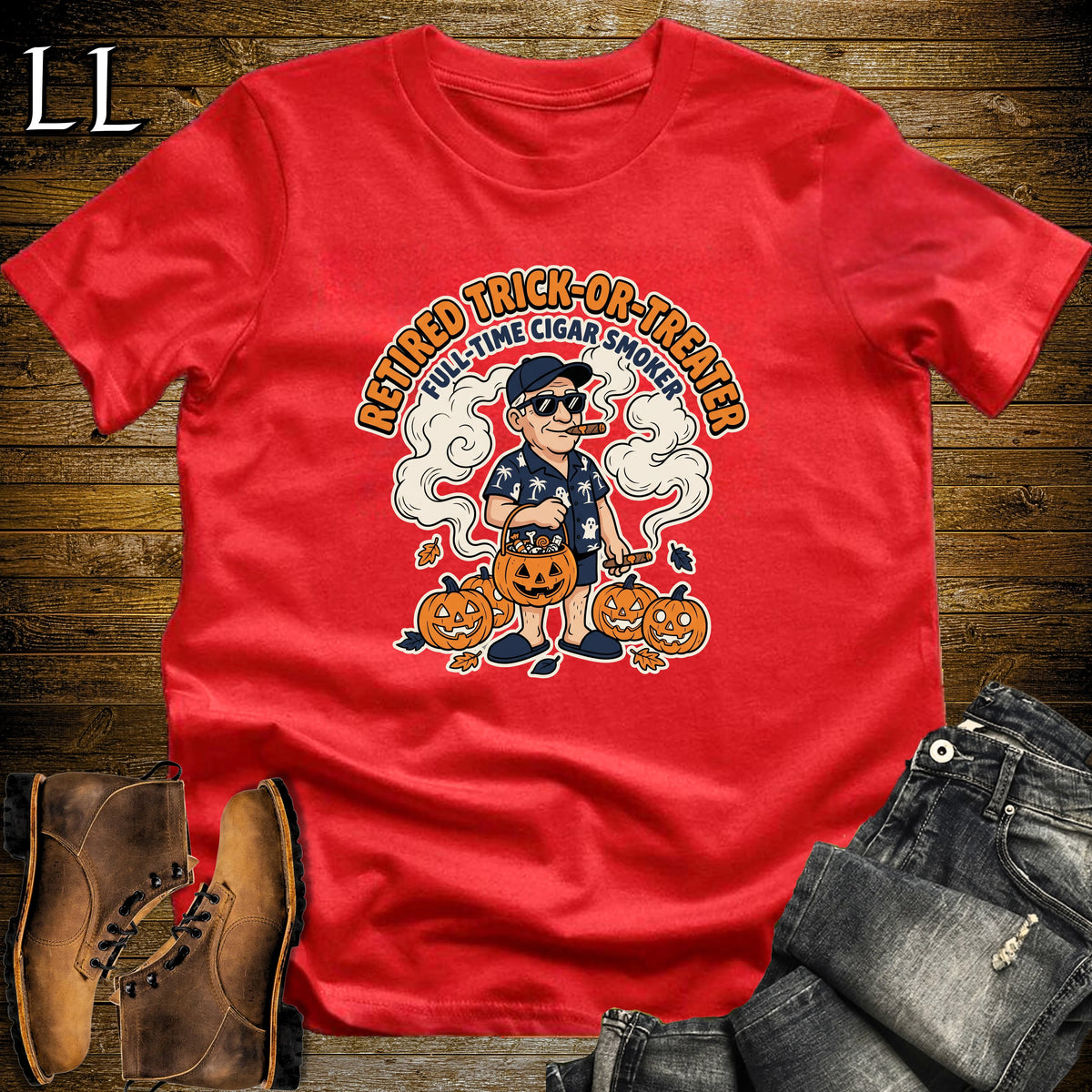 Retired Trick-or-Treater Hawaiian Shirt Cigar White Man T-Shirt Red | Halloween Cigar Tee