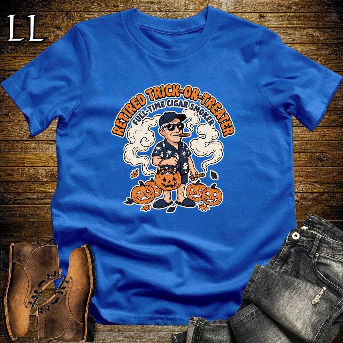 Retired Trick-or-Treater Hawaiian Shirt Cigar White Man T-Shirt Royal | Halloween Cigar Tee
