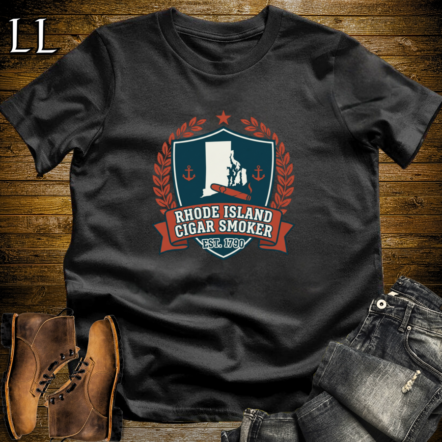 Rhode Island Cigar Smoker Shield T-Shirt Black | Cigar Crest Tee