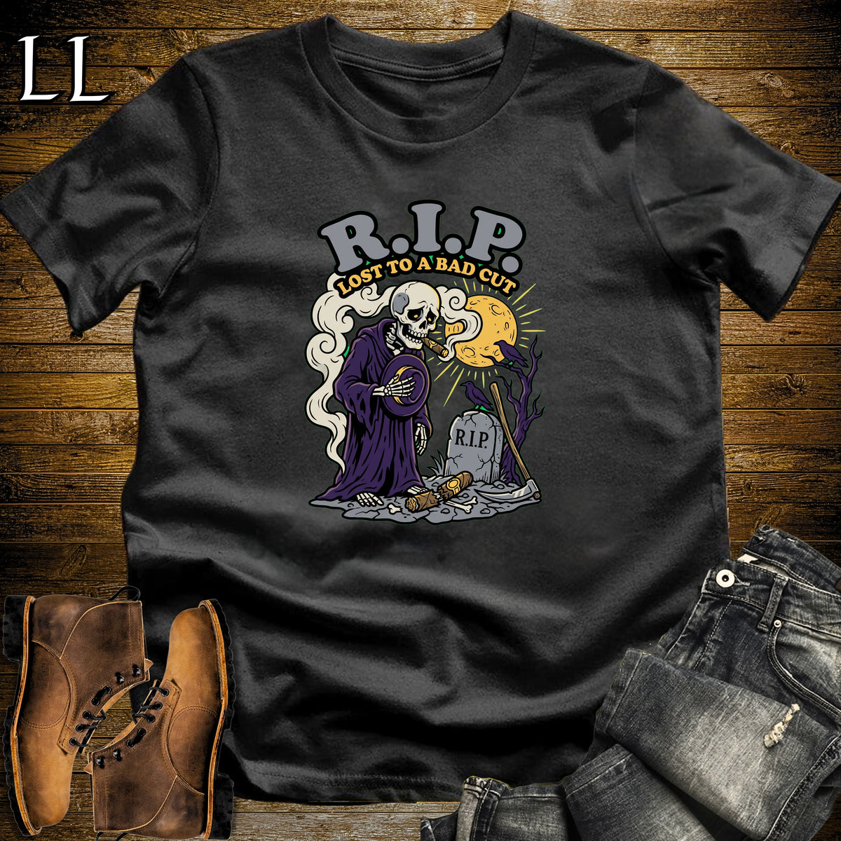 RIP Bad Cut Skeleton Mourning Cigar T-Shirt Black | Halloween Cigar Tee