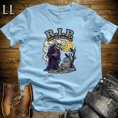 RIP Bad Cut Skeleton Mourning Cigar T-Shirt Light Blue | Halloween Cigar Tee