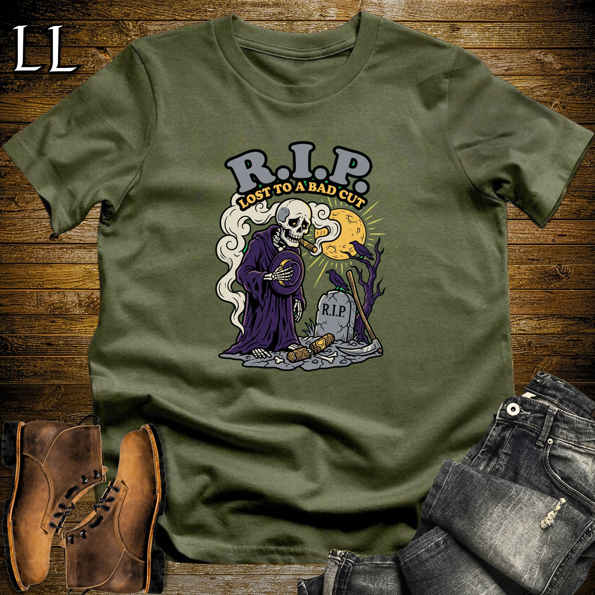 RIP Bad Cut Skeleton Mourning Cigar T-Shirt Military Green | Halloween Cigar Tee