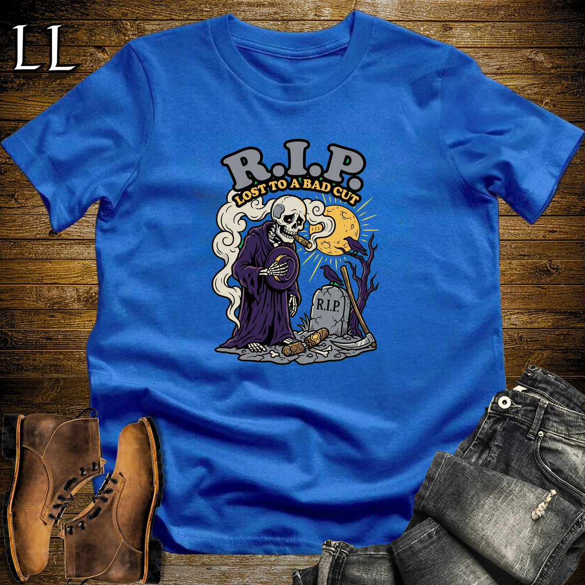 RIP Bad Cut Skeleton Mourning Cigar T-Shirt Royal | Halloween Cigar Tee