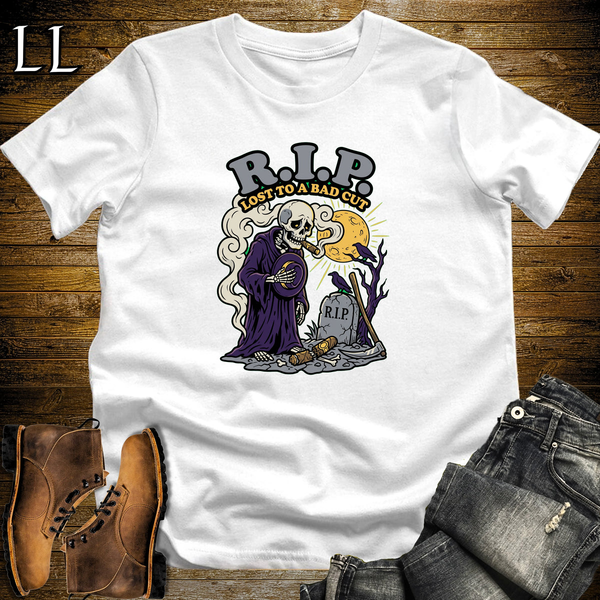 RIP Bad Cut Skeleton Mourning Cigar T-Shirt White | Halloween Cigar Tee