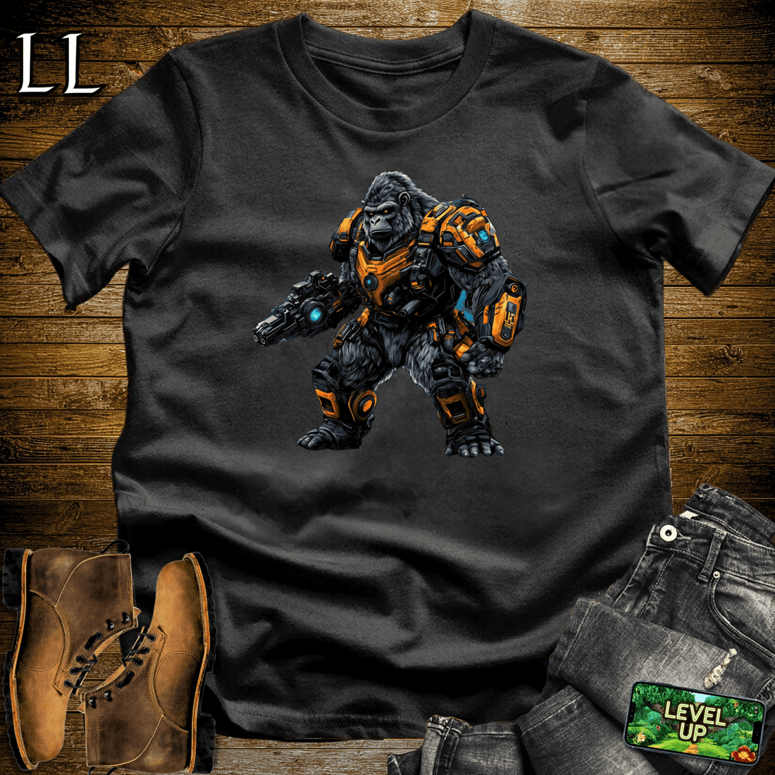Robot Gladiator Gorilla Softstyle Tee Black | Sci-Fi Graphic