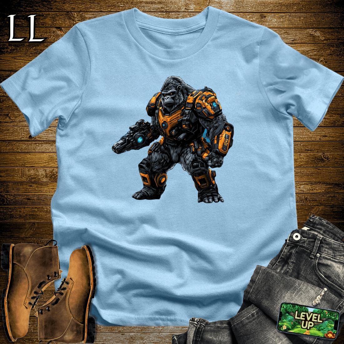 Robot Gladiator Gorilla Softstyle Tee Light Blue | Sci-Fi Graphic