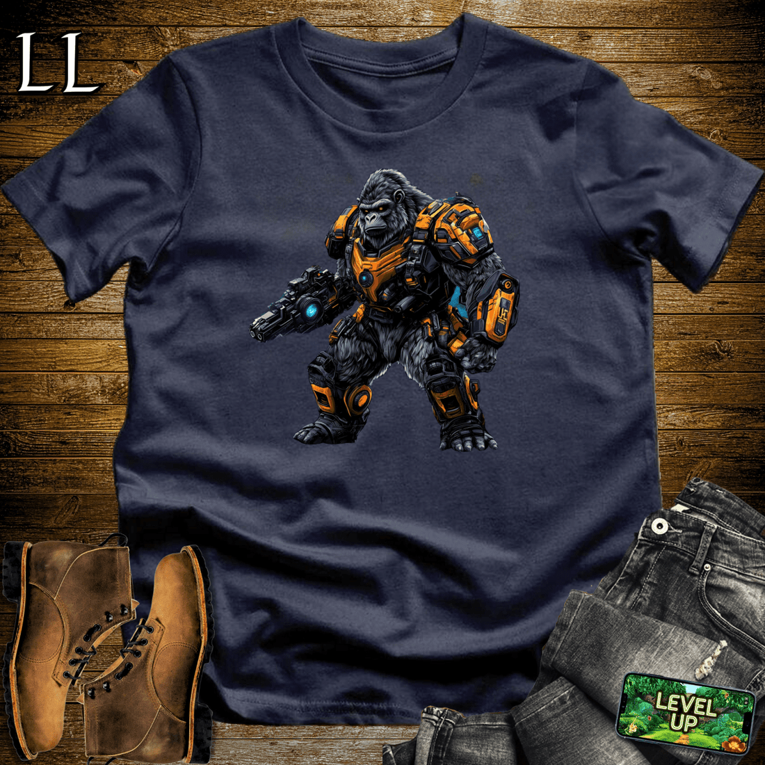 Robot Gladiator Gorilla Softstyle Tee Navy | Sci-Fi Graphic