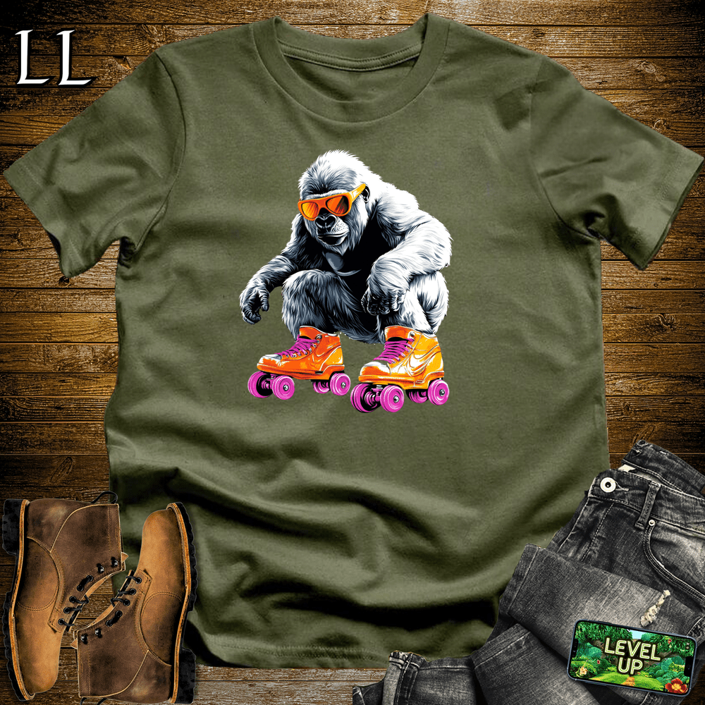 Roller Skating Gorilla Military Green | Fun Retro Sports Shirt