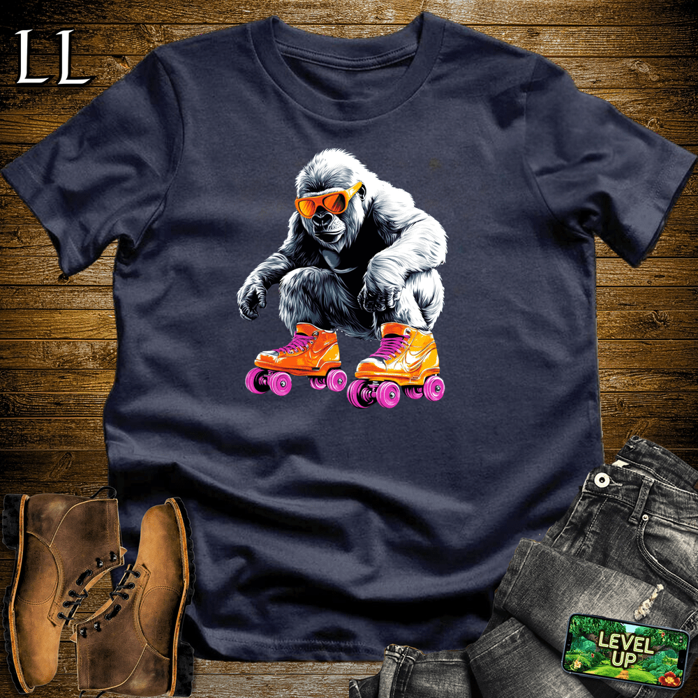 Roller Skating Gorilla Navy | Fun Retro Sports Shirt