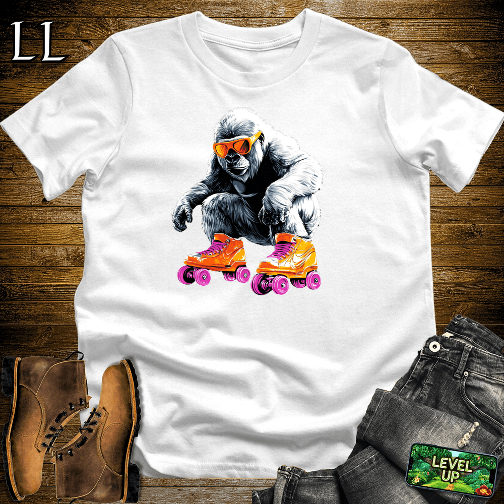 Roller Skating Gorilla White | Fun Retro Sports Shirt